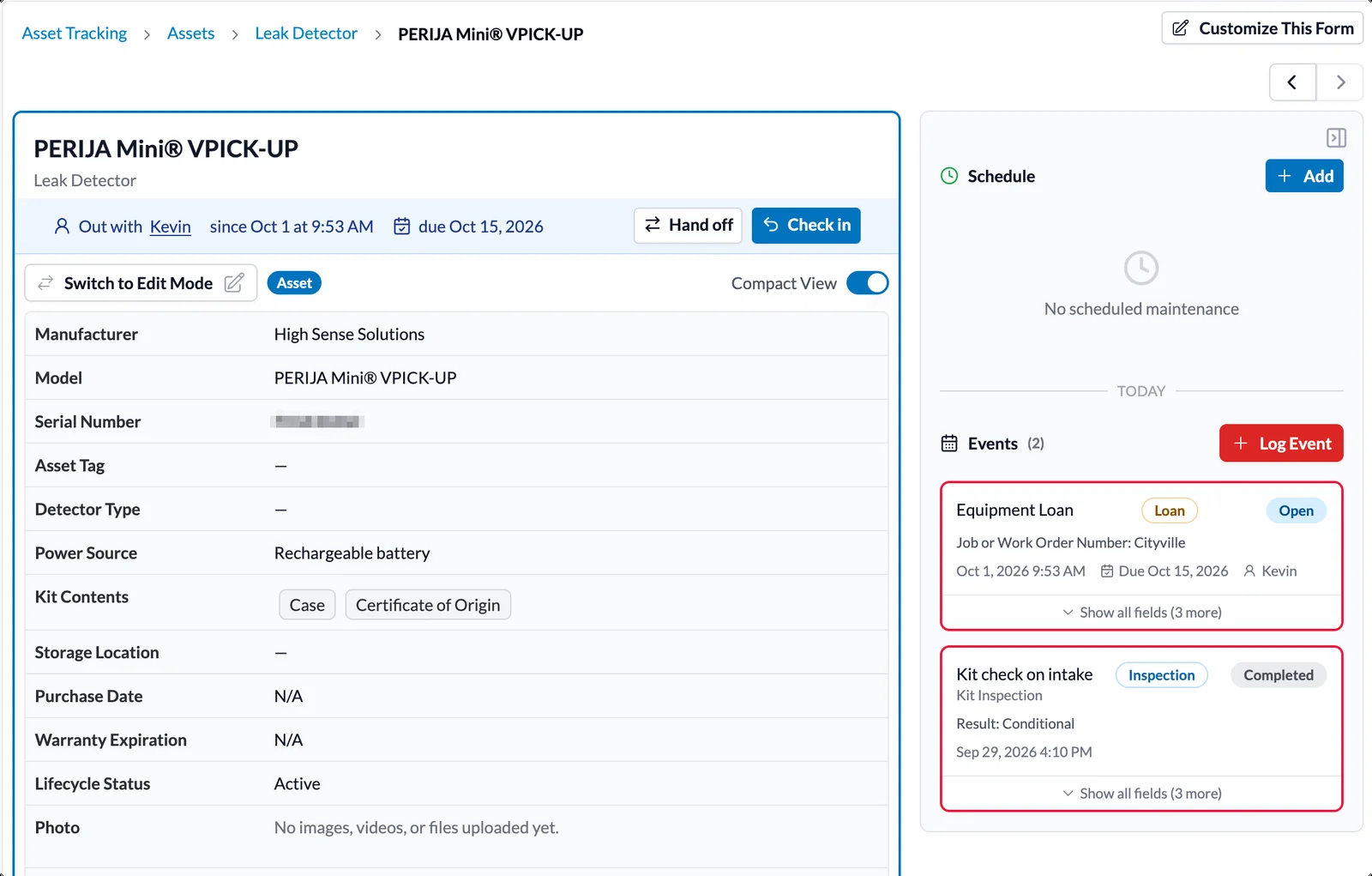 An asset record showing its details alongside its schedule and event history