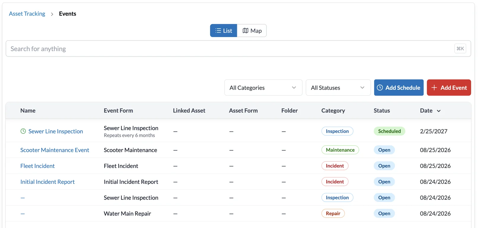 A list of inspections, repairs, incidents, and scheduled maintenance events