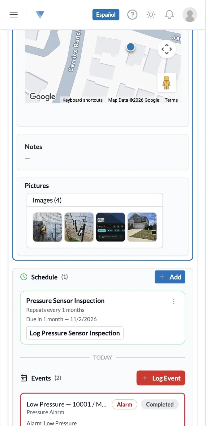 A pressure sensor's asset record on a phone: its map location, site photos, inspection schedule, and alarm history